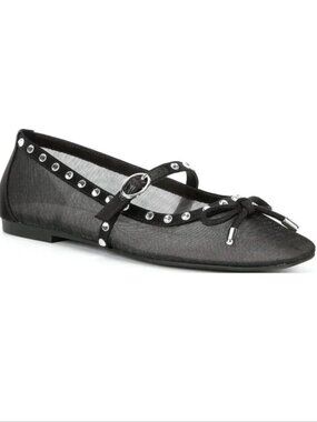 GIANNI BINI Rayna Mary Jane Ballerina Bow FLATS Size 8 Black Mesh Rhinestone NEW